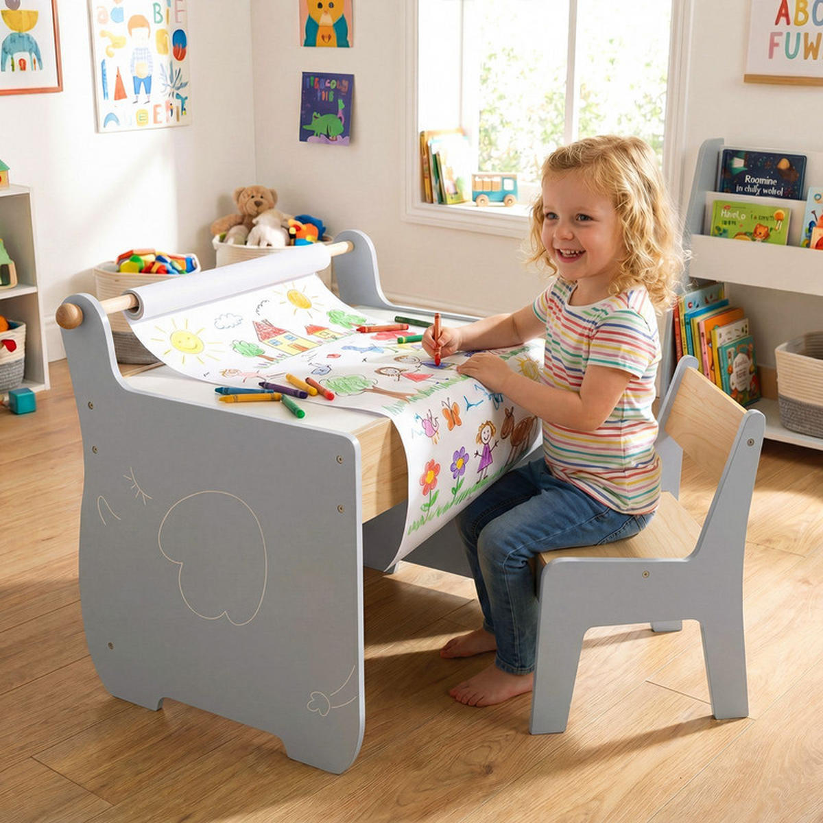KINDERTISCH mit Stuhl grau(2-tlg) - Grau, Holzwerkstoff (61.5/59/47cm) - COSTWAY
