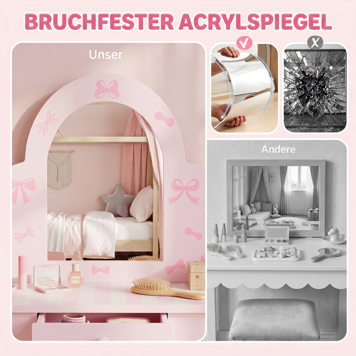 SCHMINKTISCH mit Schubladen Rosa 34.0/55.0/82.0 cm - Pink, Holzwerkstoff (55/82/34cm)
