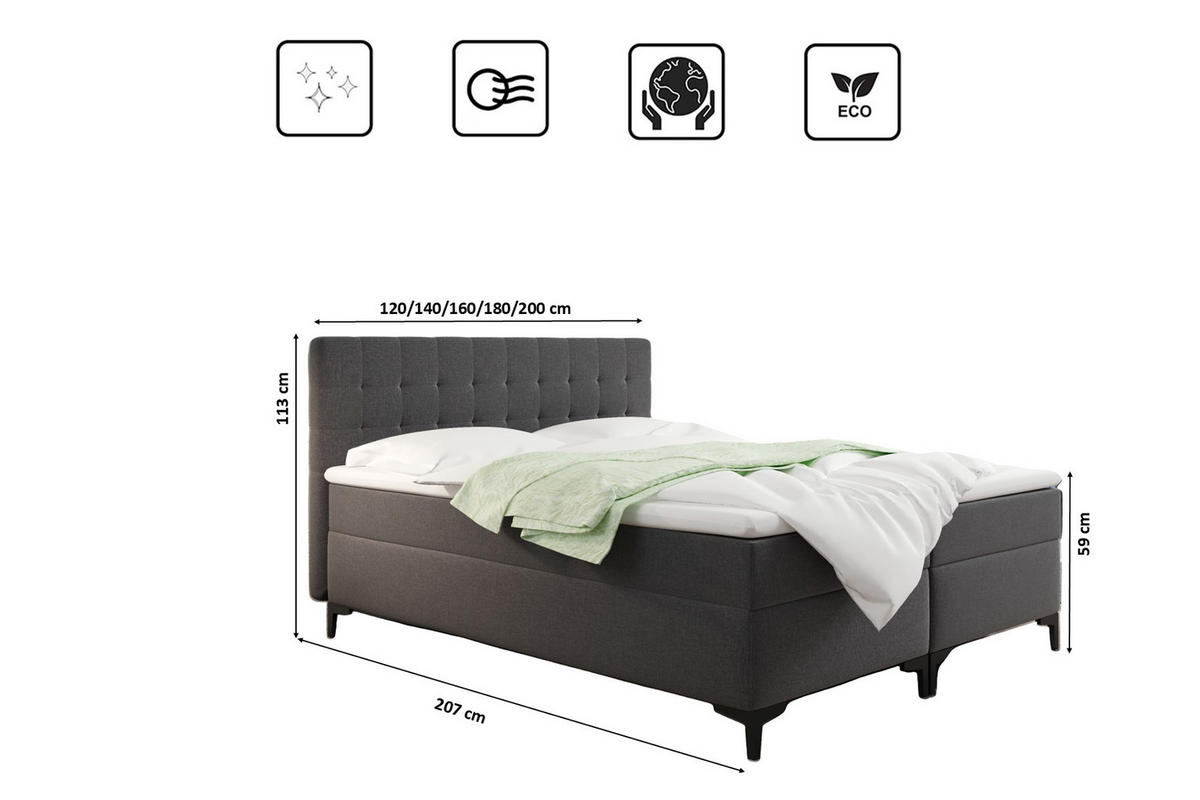 BOXBETT Mit Bettkasten Denver Stoff Muna Graphit 140x200 cm H3-Bonell - Graphitfarben, Holz (140/200cm) - Kaiser Möbel