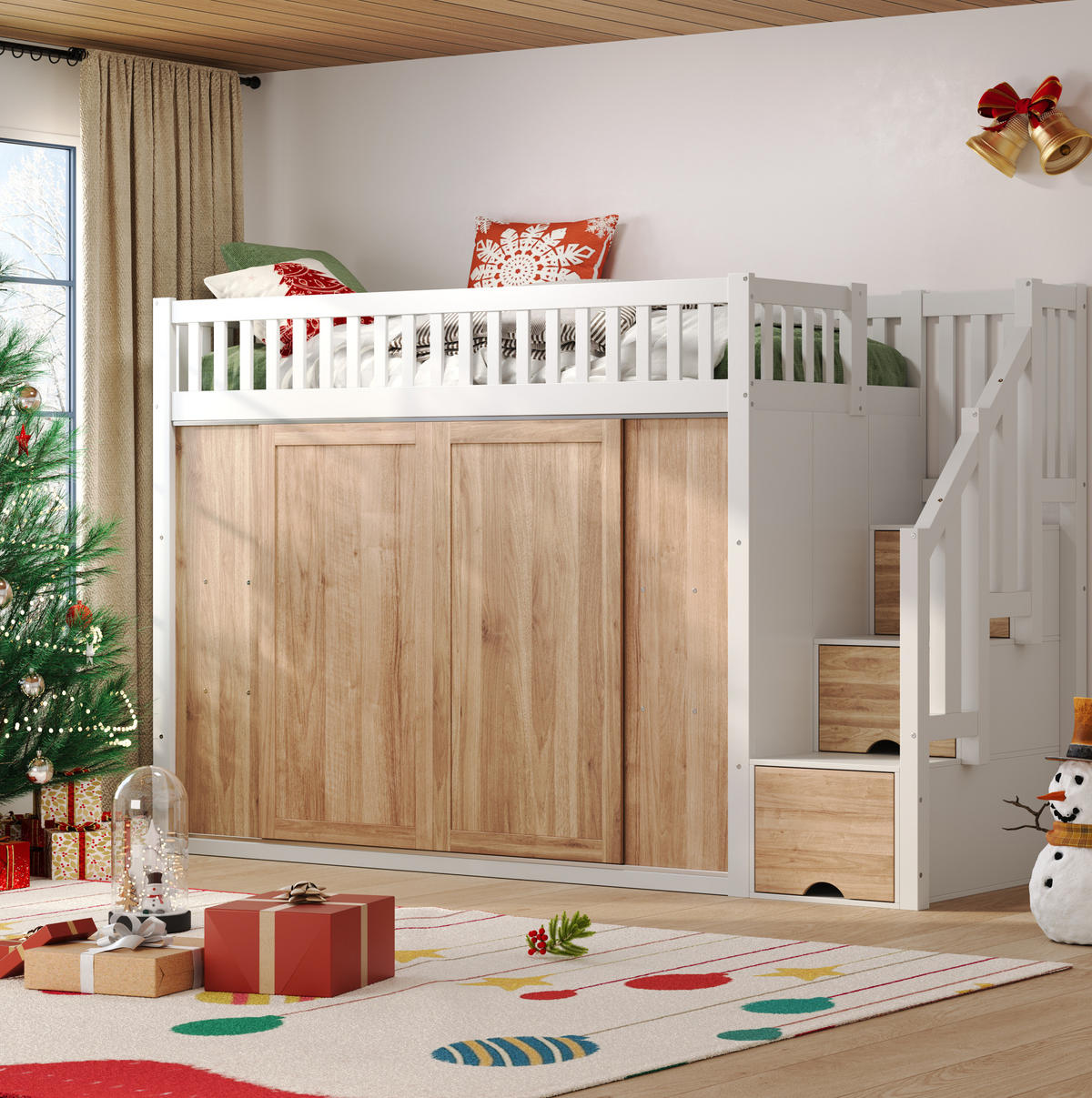 HOCHBETT 90/200 cm Weiß/Eiche mit Kleiderschrank und Treppe ohne Matratze - Weiß, Holz (90/200cm) - MIVRAY