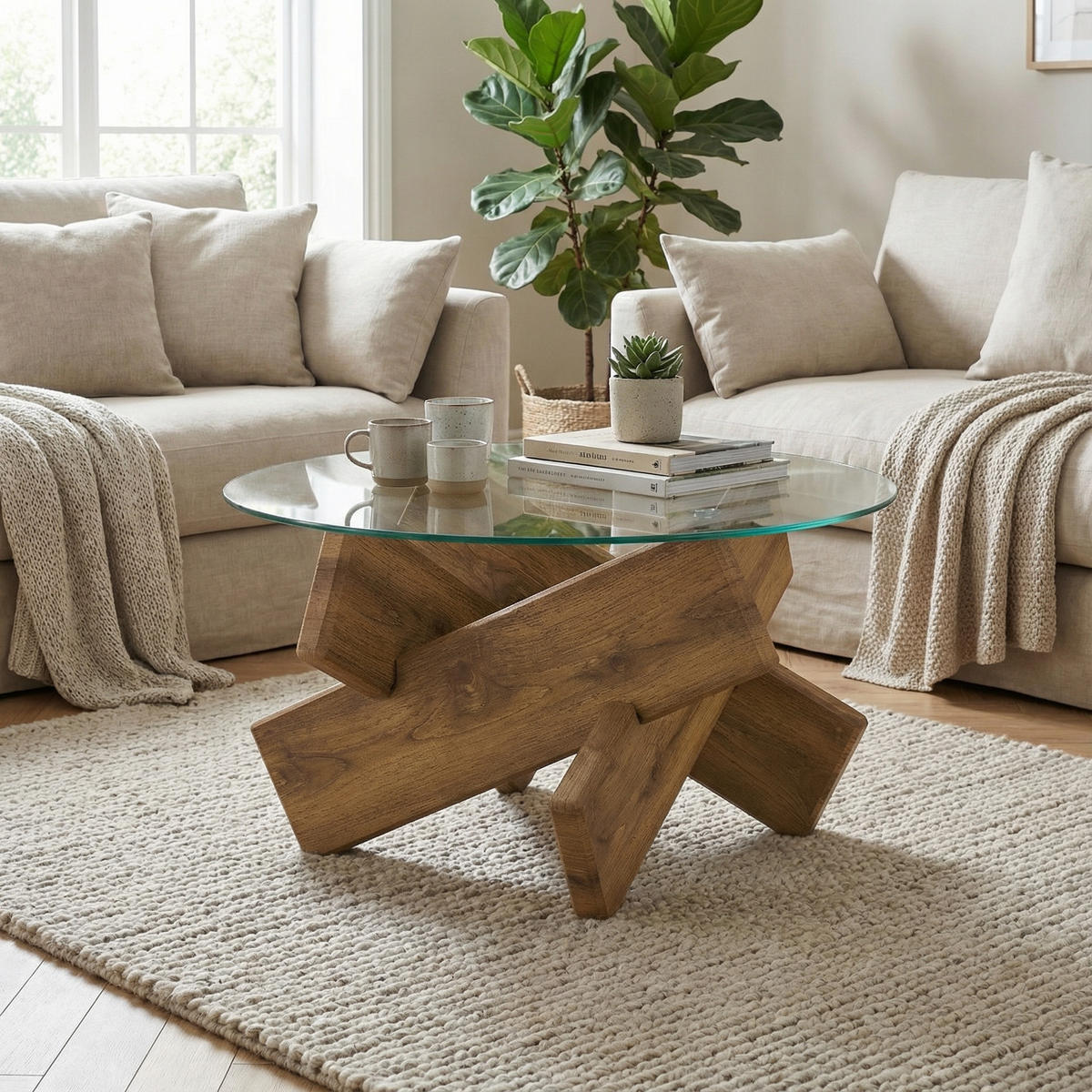 COUCHTISCH Ø 79 cm in Rundes Glas & Holz-Optik - Eichefarben, Holzwerkstoff (79/79/45cm) - Urban Meuble