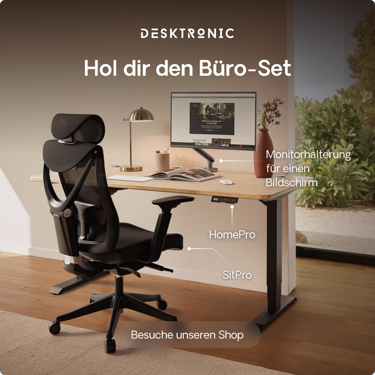SCHREIBTISCH Elektrisch Höhenverstellbarer HomePro 120x60cm Schwarz/Bambus mit Memory-Funktion, Anti-Kollisions Technologie - Hellgelb/Schwarz, Holz (60/120/63.5cm) - Desktronic