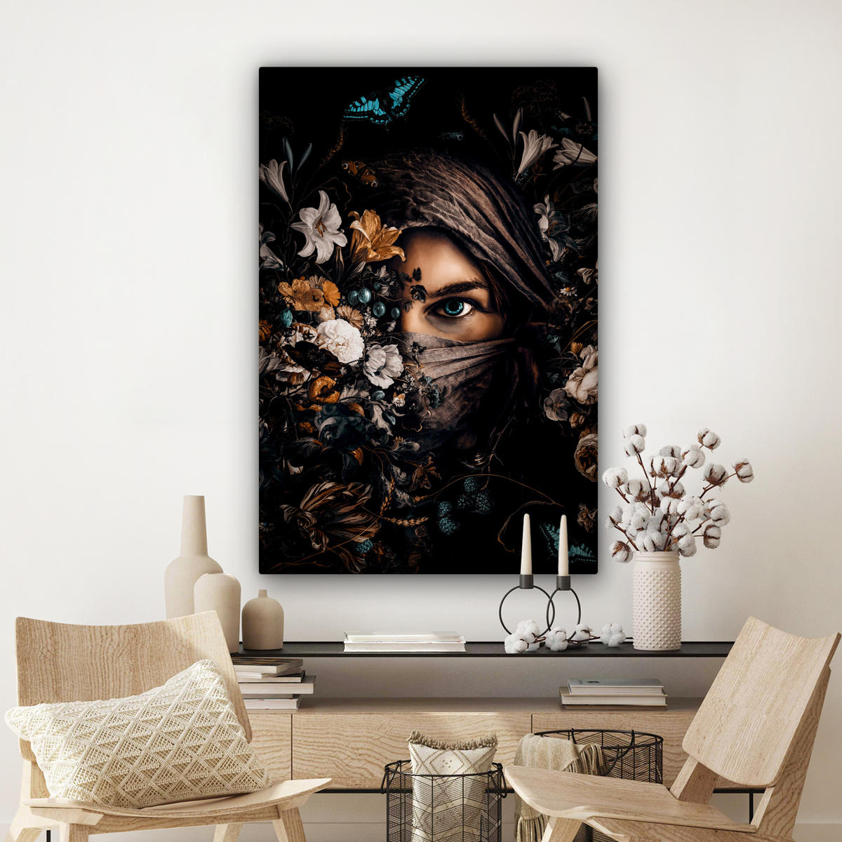 LEINWANDBILD Frau - Luxus - Blumen - Schmetterling - Porträt 90x140 cm - Schwarz, Textil (90/140cm) - MuchoWow