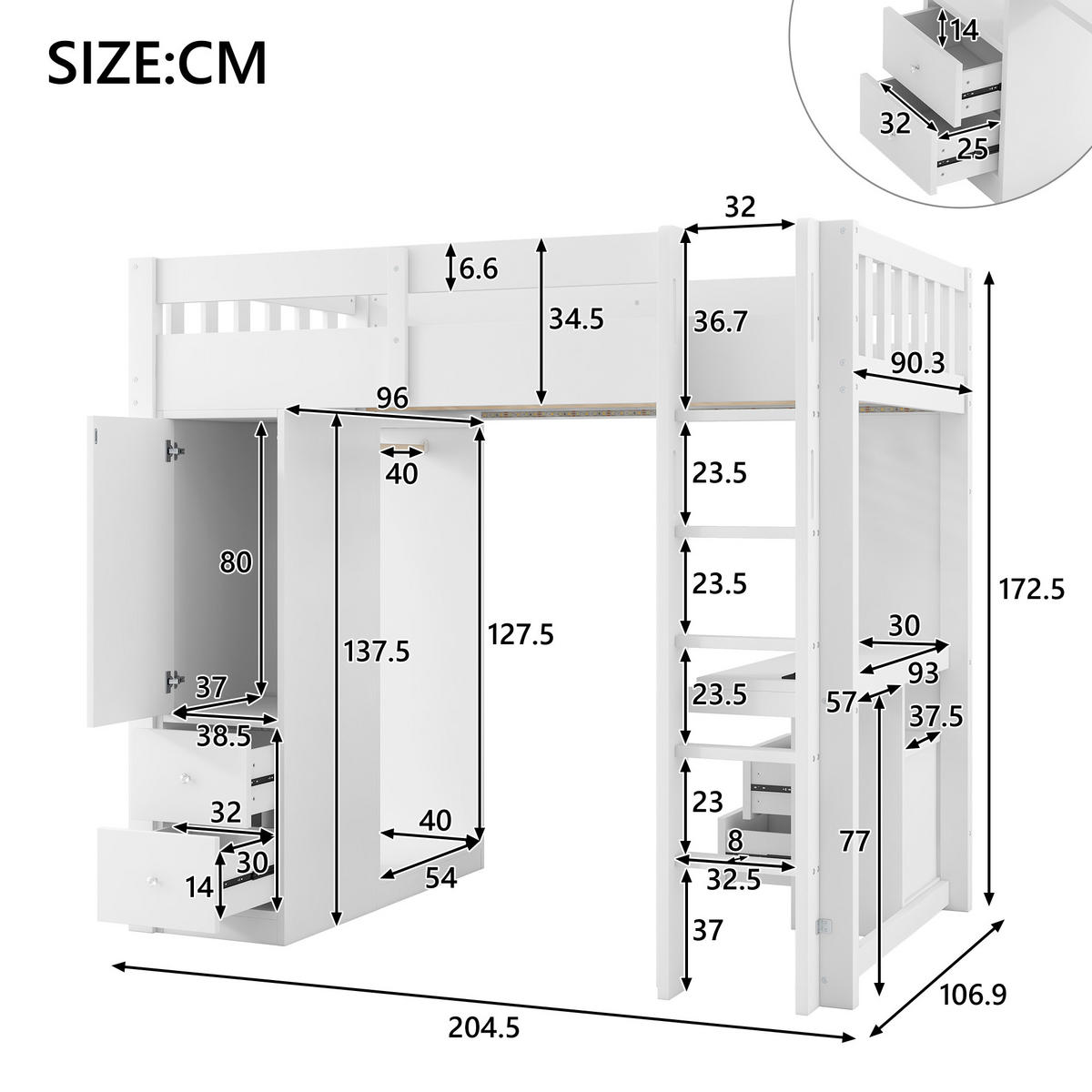 HOCHBETT 90/200 cm in Weiß mit 4 Schubladen, Schreibtisch, LED und USB - Weiß, Holzwerkstoff (90/200cm) - STILVORA