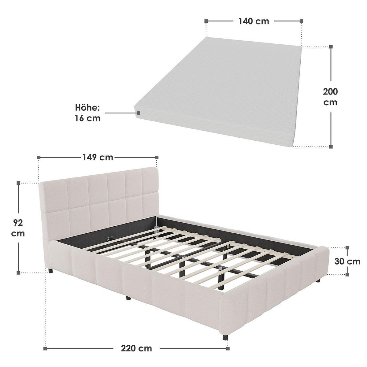 POLSTERBETT Florenz creme 140x200 cm mit Matratze - Creme, Holz (140/200cm) - Juskys