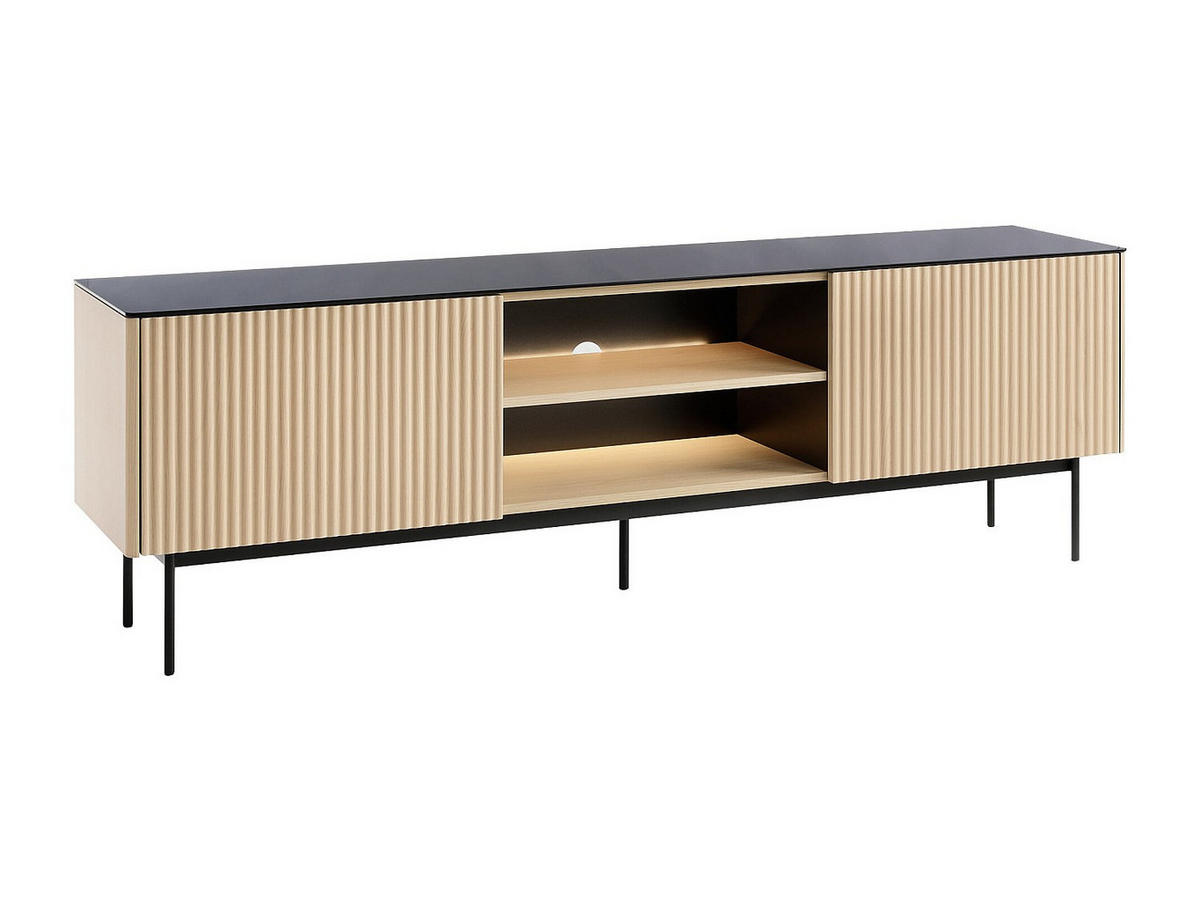 TV-BOARD - 180 cm x 39 cm - glas - schwarz, naturfarben hell Sayera - Schwarz/Naturfarben, Glas/Holz (180/57/39cm) - Vente-Unique