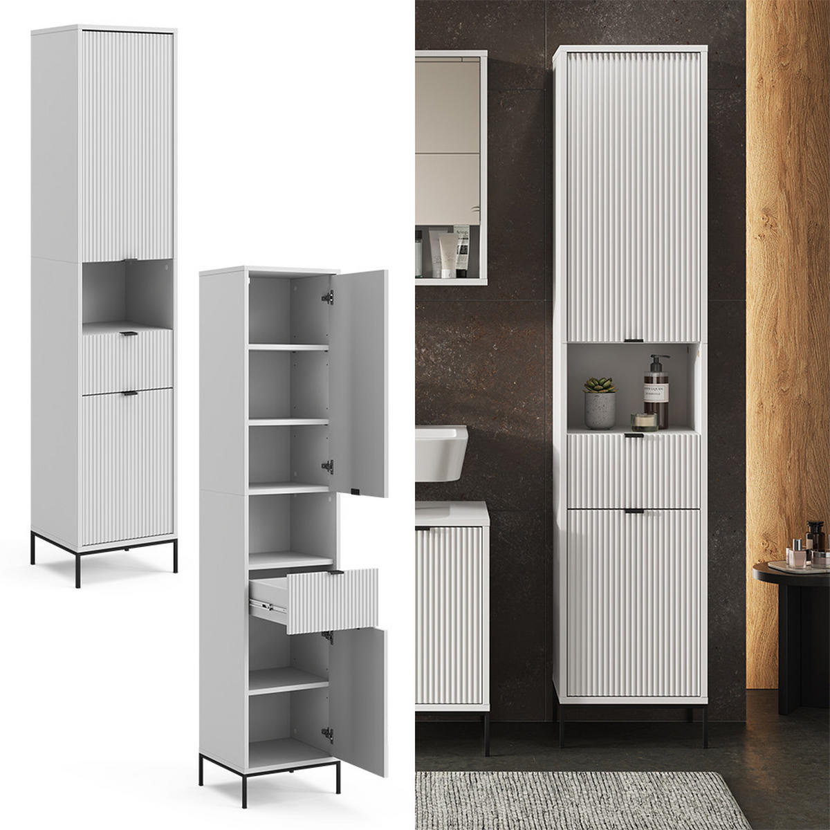 BADSCHRANK Eliza Weiß 40 x 190 cm mit Türen, und Schublade - Weiß, Holzwerkstoff (40/190/35cm) - Vicco