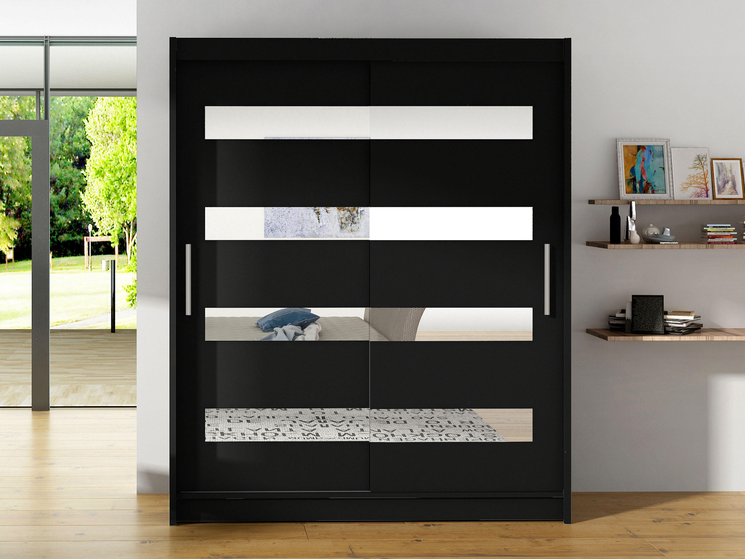 SCHWEBETÜRENSCHRANK Westa XIII - Silberfarben/Schwarz, Holzwerkstoff/Metall (150/200/58cm) - MIRJAN24