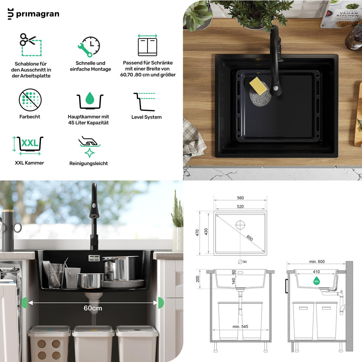 SPÜLBECKEN Praga Slim, 2-er set Weiß 56/47 cm 1 Becken + Ablauf-Set + Aufrollbare Abtropffläche ab 60er Unterschrank - Chromfarben/Weiß, Kunststoff (56/20/47cm) - Primagran