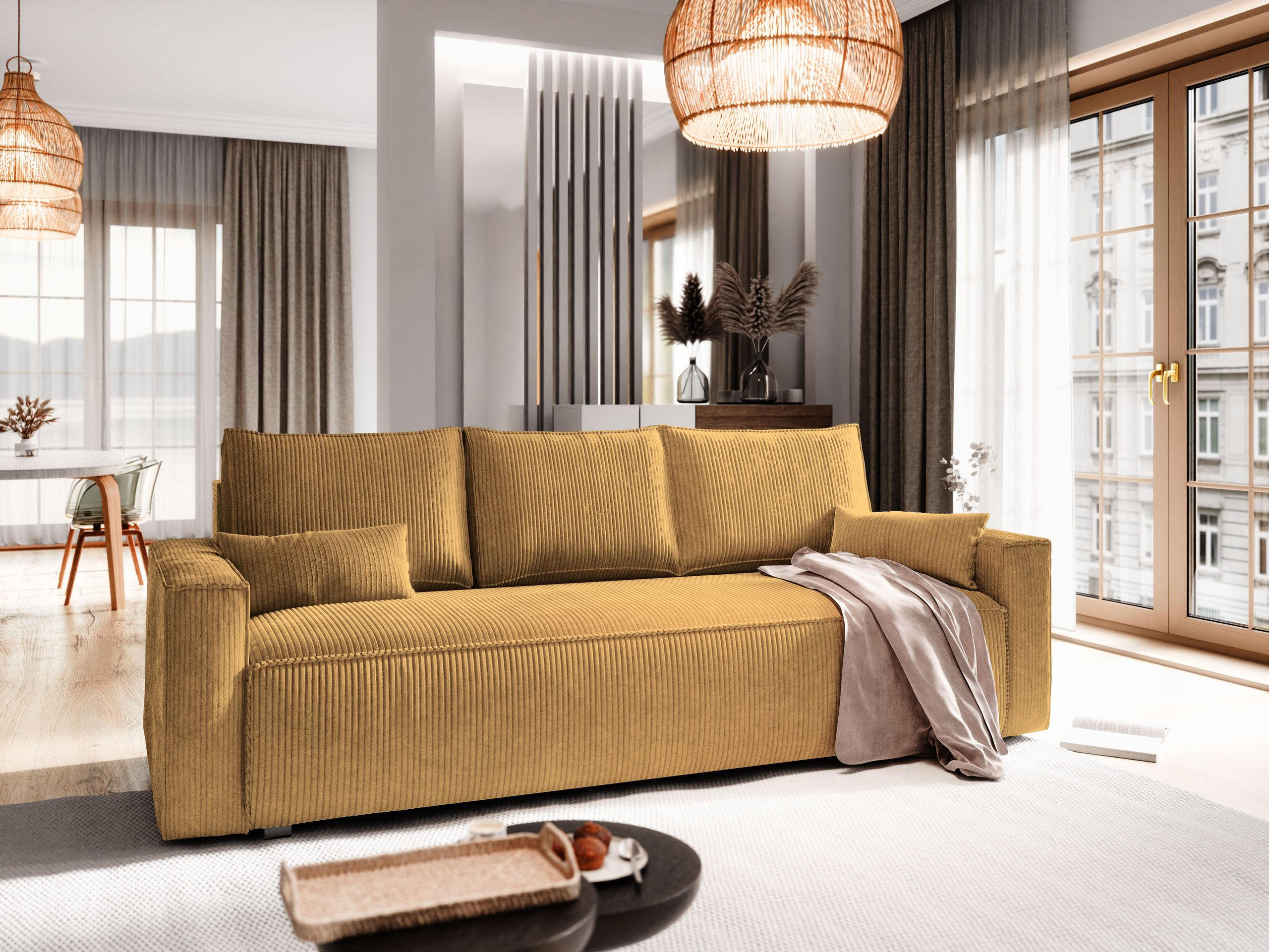 BETTSOFA MENI Gelb Kordstoff mit Schlaffunktion - Gelb, Textil (232/83/87cm) - MASSENO