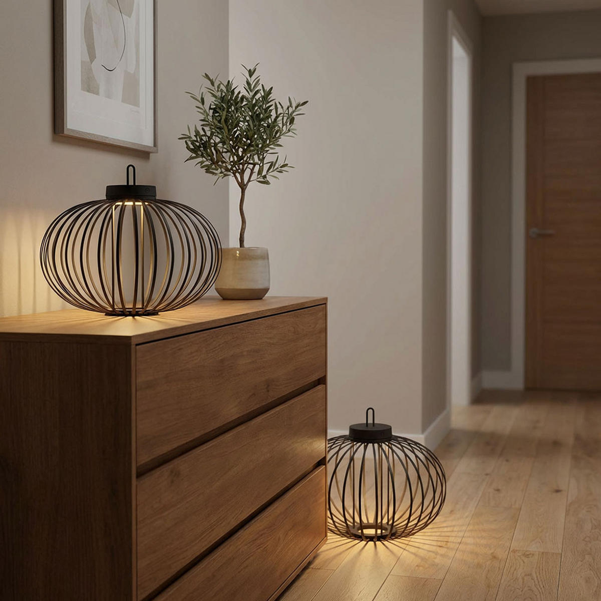LED AKKU-PENDEL-/TISCHLAMPE GABBIA Bambus schwarz 2er Set - Schwarz, Holz (46/46/37.5cm)