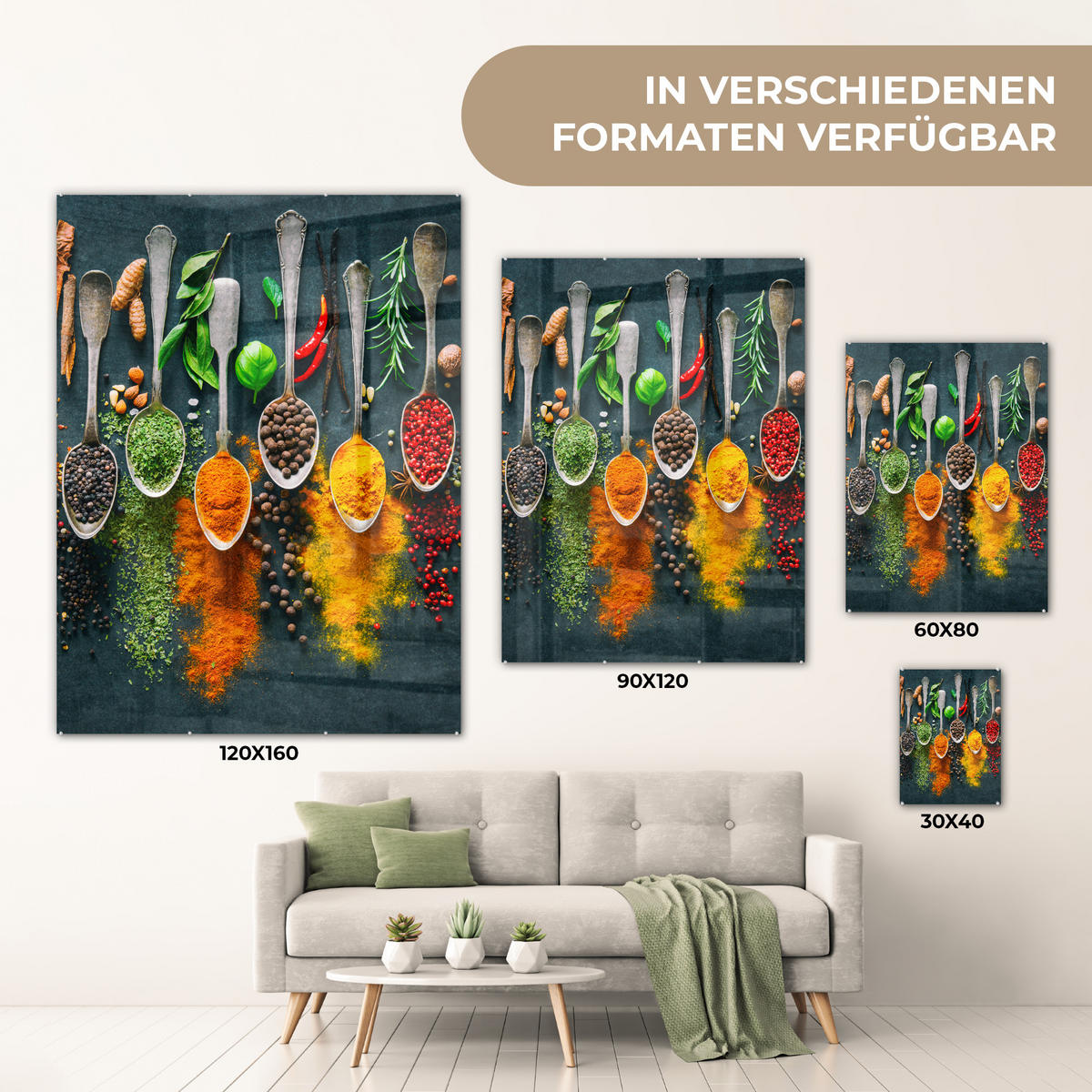 OBRAZ NA AKRYLOVOM SKLE Bylinky - korenie - lyžičky 60x80 cm - kari žltá, sklo (60/80cm) - MuchoWow