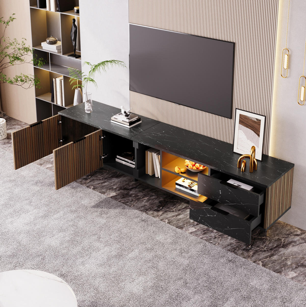TV-LOWBOARD 200/38/50 cm mit 2 Schubladen, LED-Beleuchtung und 2 Türen - Schwarz, Holzwerkstoff (200/50/38cm) - BEAOK
