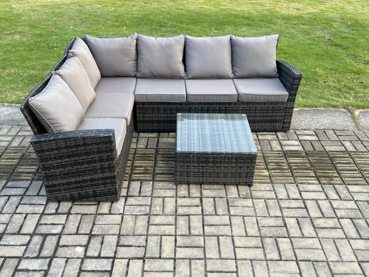 GARTENLOUNGE mit Ecksofa Polyrattan Dunkelgrau 6-Sitzer - Dunkelgrau/Grau, Glas/Kunststoff - Fimous