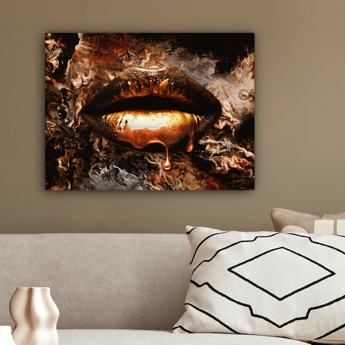 LEINWANDBILD Gold - Lippen - Kunst - Gold - Luxus - Abstrakt 40x30 cm - Kupferfarben, Textil (40/30cm) - MuchoWow
