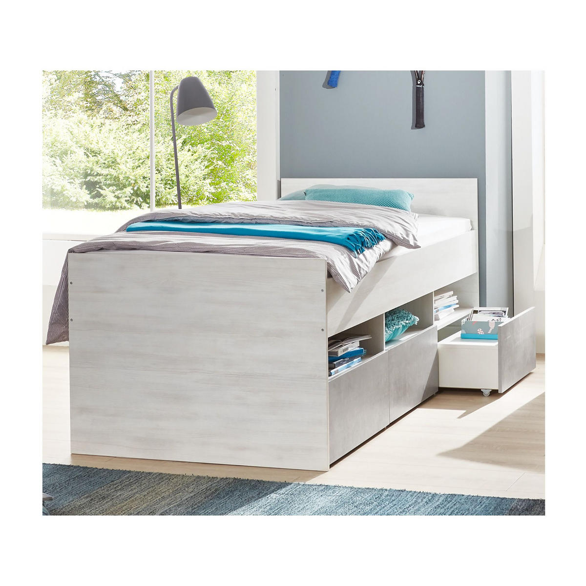 JUGENDZIMMER SET 3-tlg. Bett inkl.Bettkasten, Schreibtisch, Lowboard SALE - Eichefarben/Hellgrau, Holzwerkstoff (1/1/1cm) - arthur berndt