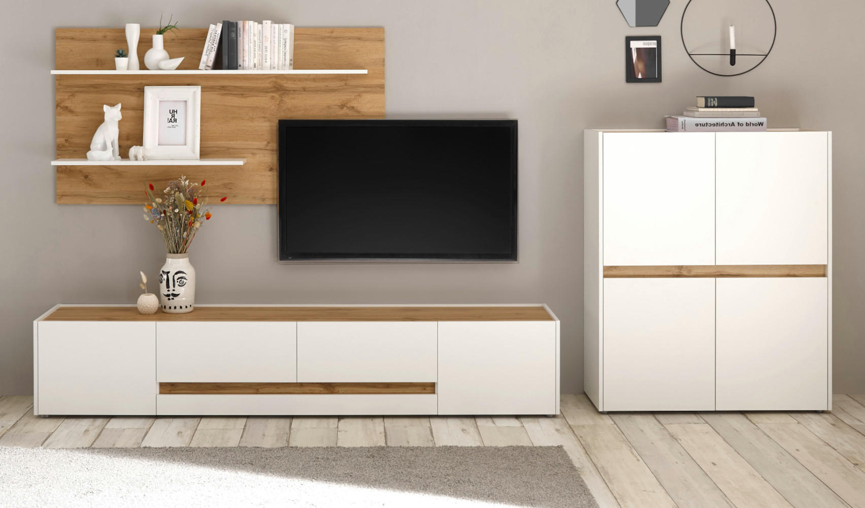 WOHNWAND weiß, Eiche Wotan 3-teilig 340 cm, Schrankwand mit viel Stauraum - Eiche Wotan/Schwarz, Holz/Holzwerkstoff (360/180/45cm) - Furn.Design