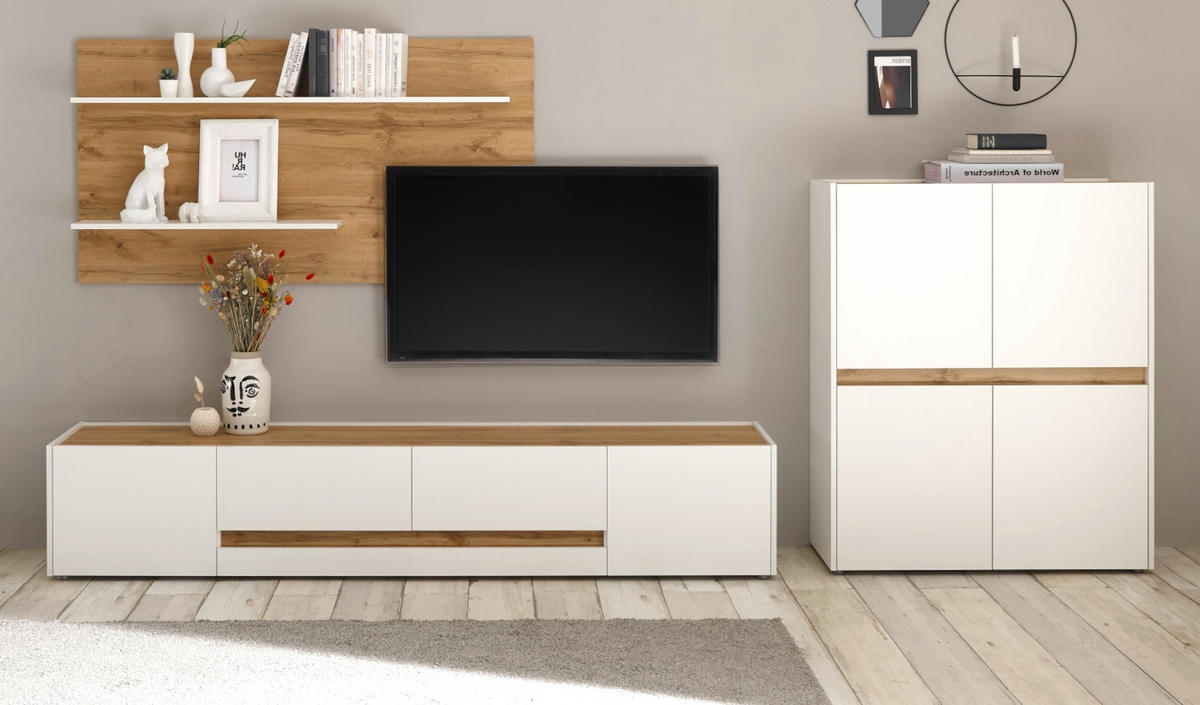 WOHNWAND weiß, Eiche Wotan 3-teilig 343 cm, Schrankwand mit viel Stauraum - Eiche Wotan/Schwarz, Holz/Holzwerkstoff (360/180/45cm) - Furn.Design