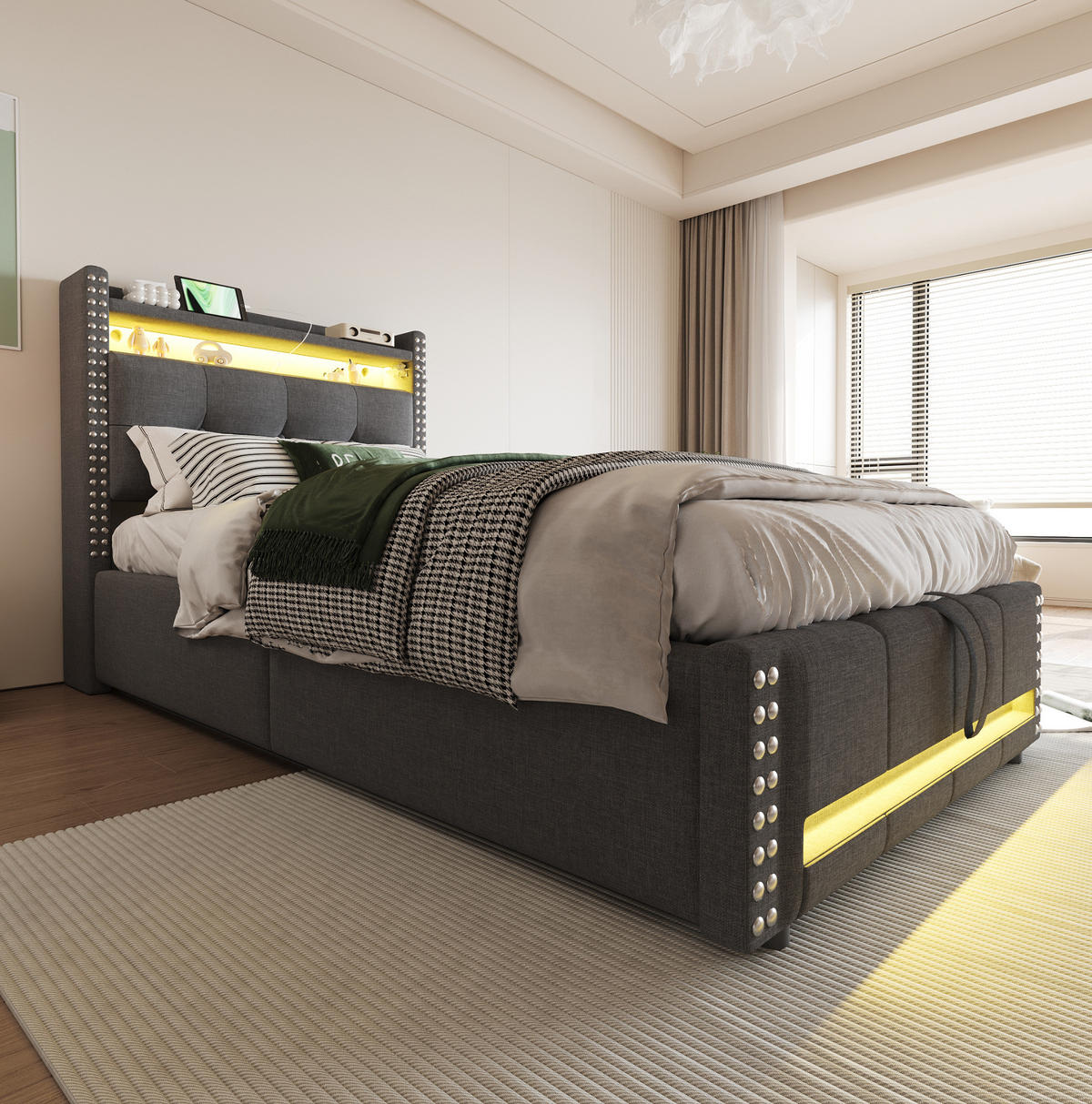 POLSTERBETT 90/200 cm grau mit LED-Beleuchtung und USB-Steckdose - Grau, Textil (90/200cm) - OKWISH