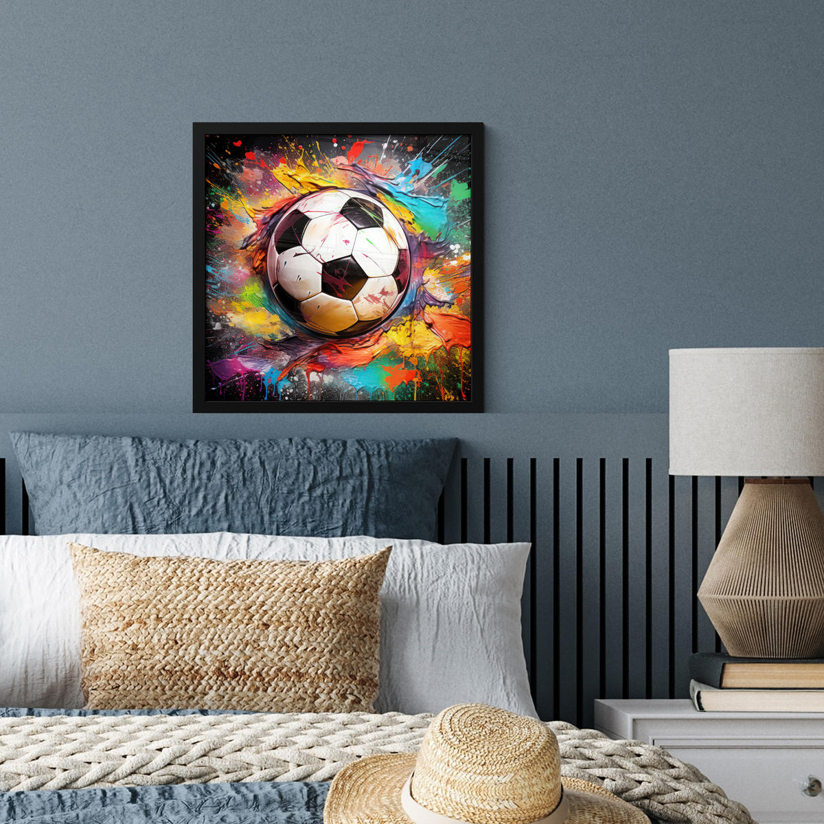 POSTER MIT RAHMEN Fußball - Farbe - Farben - Schwarz - Weiß 40x40 cm - Weiß, Papier (40/40cm) - MuchoWow