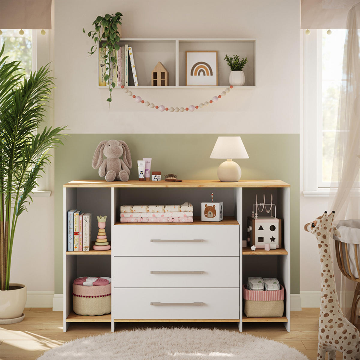WICKELKOMMODE Oskar Weiß/Goldkraft Eiche 143.2 x 93 cm mit 3 Schubladen - Eichefarben/Weiß, Holzwerkstoff (143.2/93/53.1cm) - Vicco