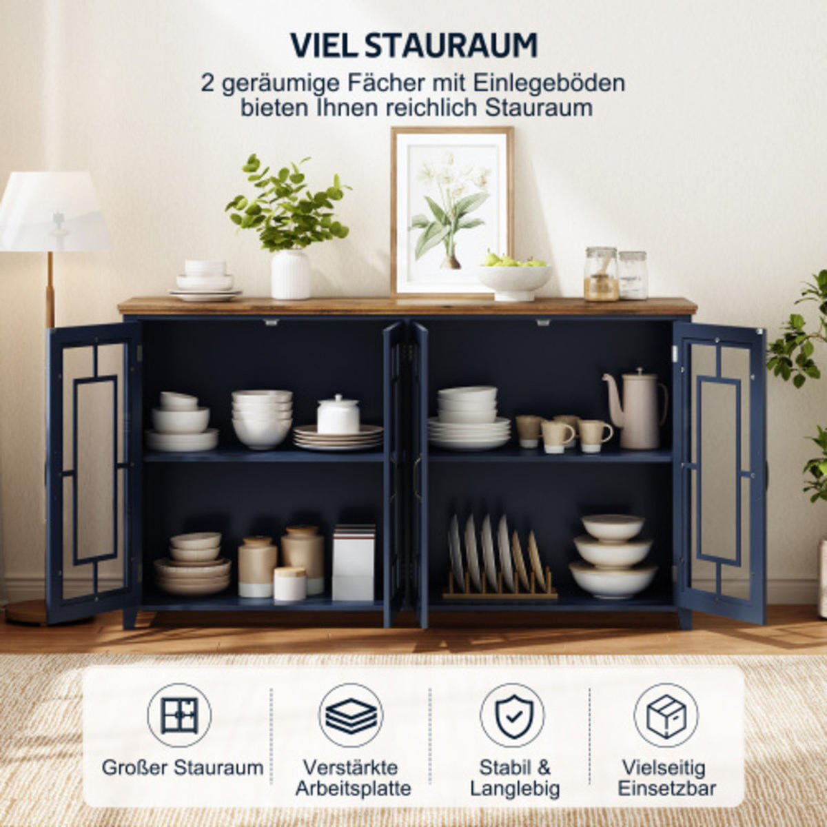 SIDEBOARD Blau aus MDF mit Retro-Holzmaserung-Platte 160 × 40 × 86 cm - Blau, Holzwerkstoff (160/86/40cm) - Luhomfu