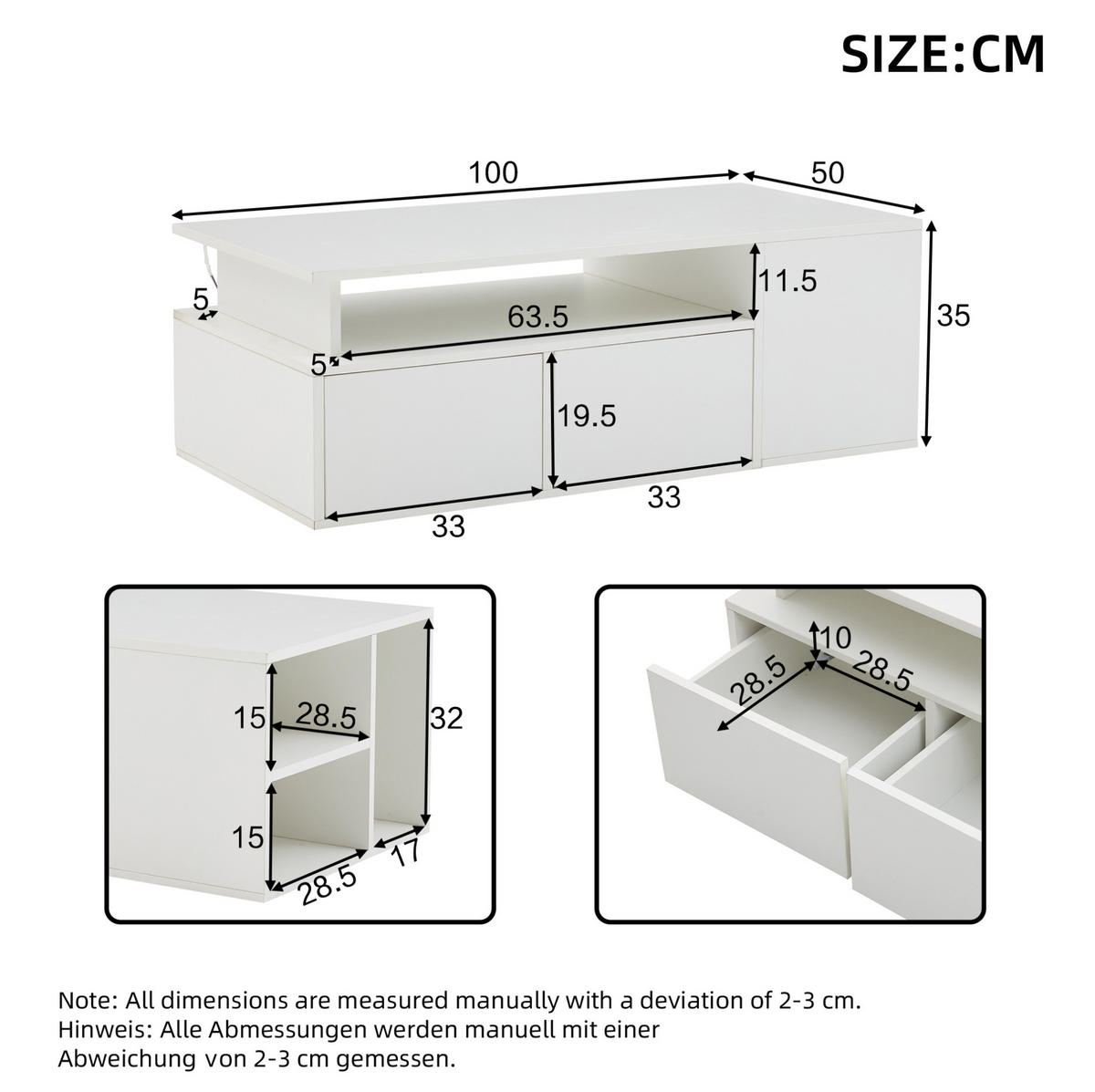 COUCHTISCH 100/50/35 cm weiß aus Spanplatte mit LED und 2 Schubladen - Weiß, Holzwerkstoff (100/50/35cm) - OKMYHOME