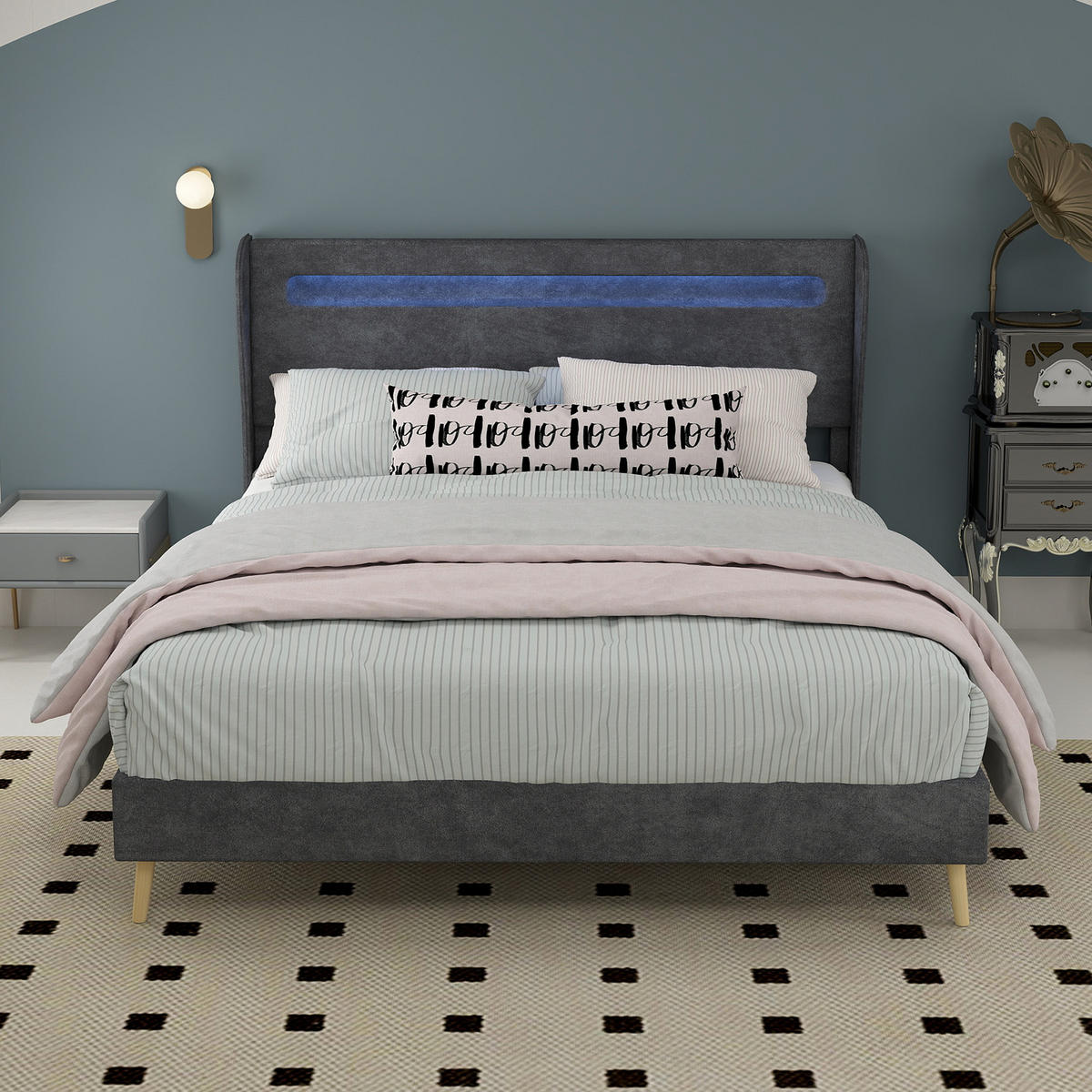 POLSTERBETT 140x200 cm LED ohne Stauraum grau - Grau, Textil (140/200cm) - LEBENLANG