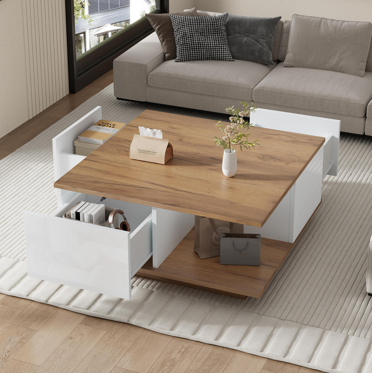 COUCHTISCH 70/70/31.5 cm Weiß/Walnuss aus Spanplatte mit 3 Schubladen - Weiß, Holzwerkstoff (70/70/31.5cm) - OKMYHOME