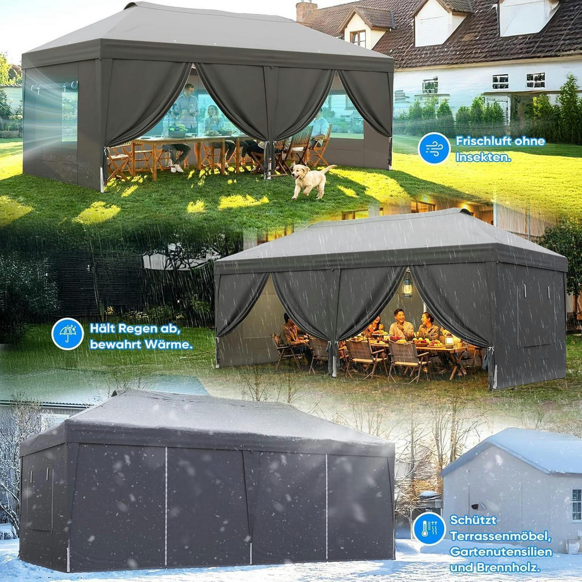 FALTPAVILLON 3x6m mit Seitenwänden und Insektenschutz Grau - Grau, Textil (585/285/293cm)