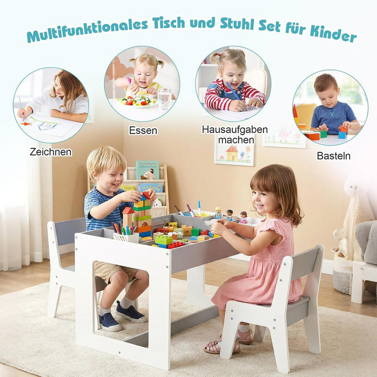 KINDERTISCH mit Stuhl grau(3-tlg) - Grau, Holzwerkstoff (80/48/49cm) - COSTWAY