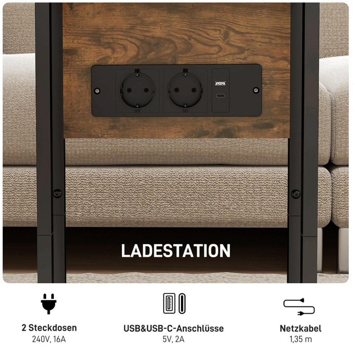 BEISTELLTISCH klappbar mit Ladestation 39 x 29/58 x 57 cm Braun Schwarz - Braun, Holz (39/29/57cm) - Meubliv