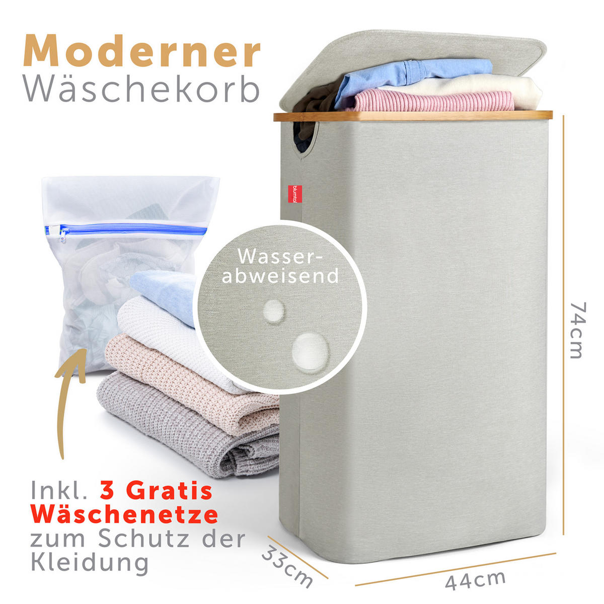 WÄSCHEKORB mit DeckeL, 100L, Beige - Beige, Holz (33/74/44cm) - Blumtal