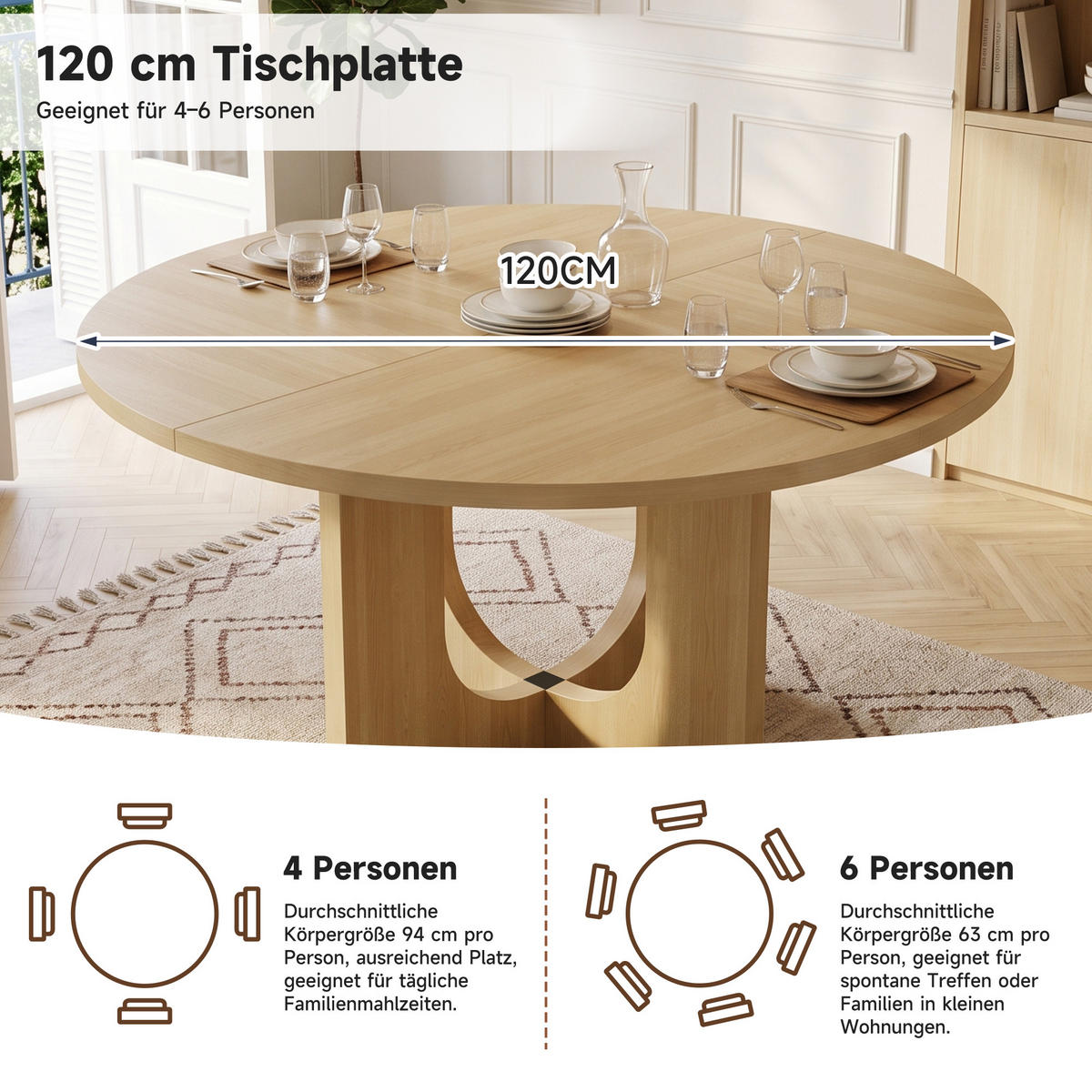 ESSTISCH Runder Eiche 120 cm Skandinavisch - Birkefarben, Holz (83.49/68/22.5cm) - Raelunyi