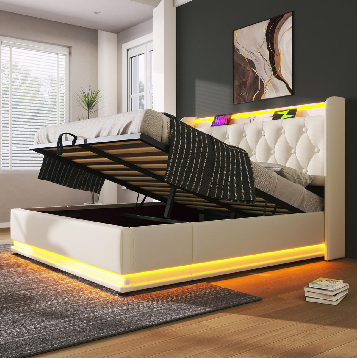 POLSTERBETT mit LED und Stauraum 140x190 cm PU Weiß - Weiß, Metall (140/190cm) - Meubliv