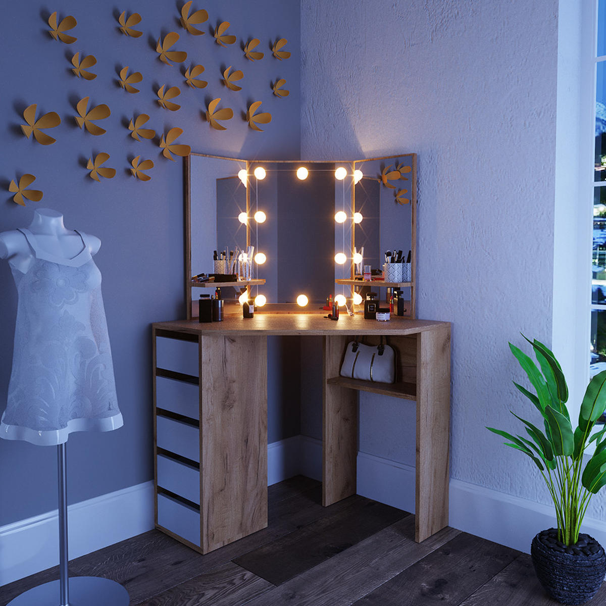 ECKSCHMINKTISCH Arielle Goldkraft Eiche 110 cm mit LED Beleuchtung - Honigeiche, Holzwerkstoff (110/141.5/54cm) - Vicco