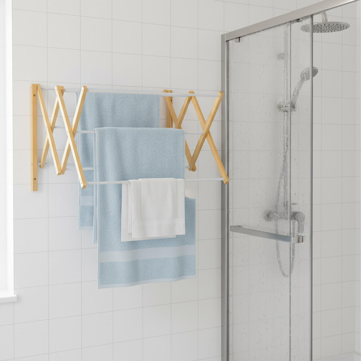 SUŠIAK drevodekor biela nástenná montáž výsuvný 8 tyčí 45 cm - viacfarebná, kov/drevo (71/45/59cm) - Relaxdays