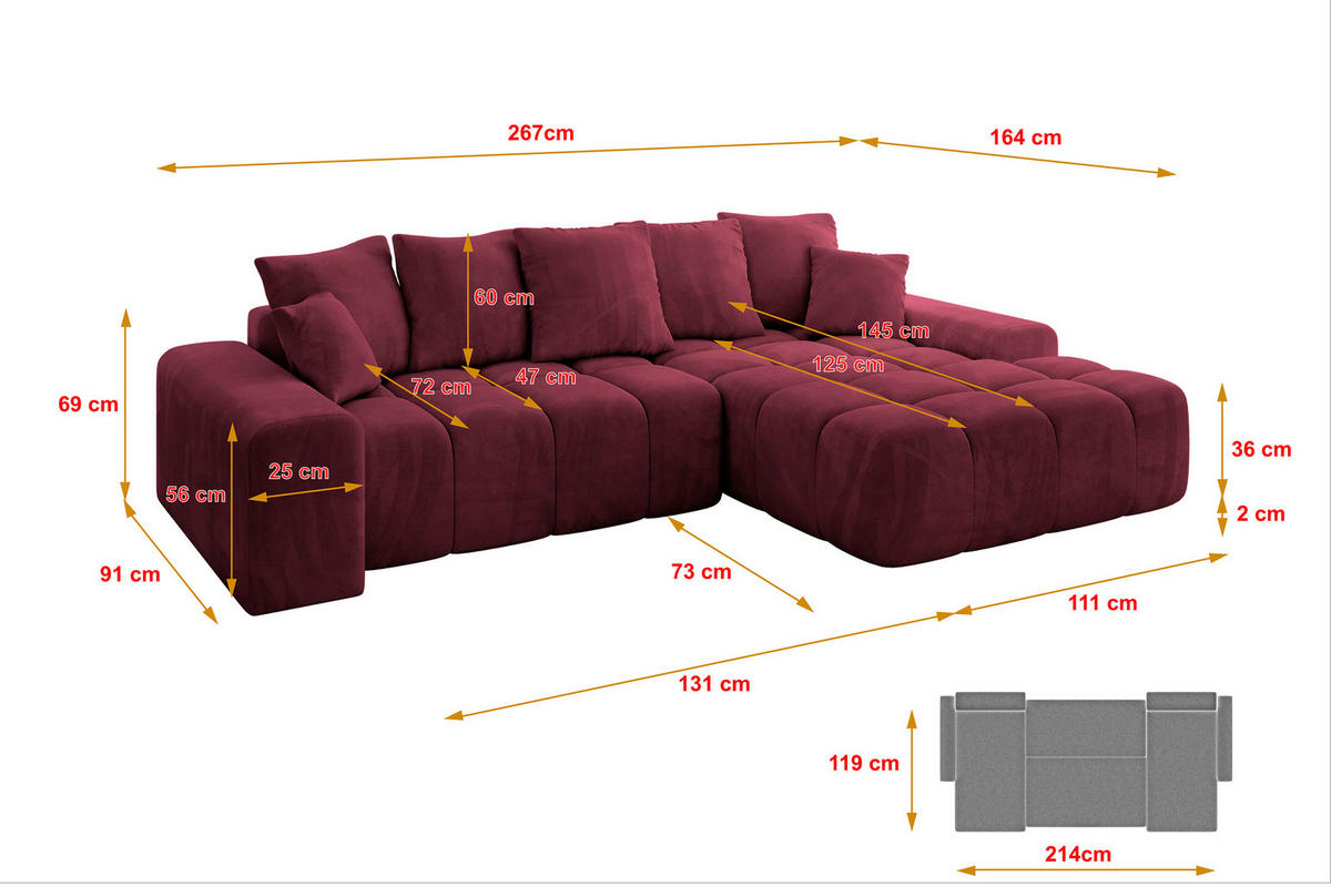 ECKSOFA Ottomane Rechts ENSI-L - 267x164x88 cm Bordeaux - Bordeaux, Holzwerkstoff/Kunststoff (164/267cm) - ALTDECOR