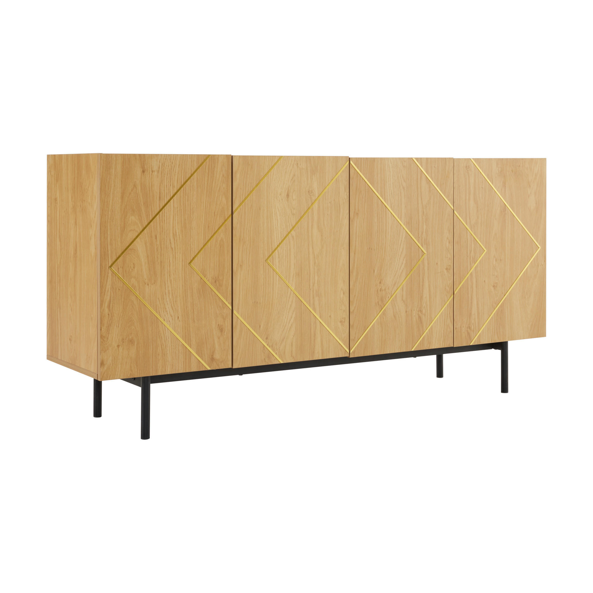 Urban Meuble SIDEBOARD 4 dvířka, kovová intarzie, bezúchytkový design, přírodní dřevo Všestranná komoda a odkládací skříňka