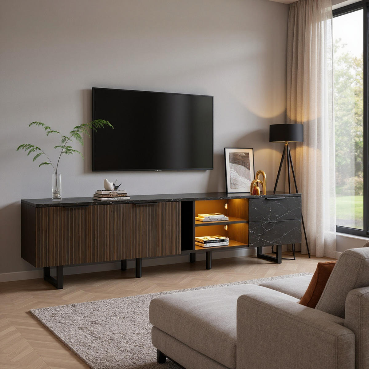 LOWBOARD mit LED, 2 Türen und 2 Schubladen - Dunkelbraun, Holzwerkstoff (200/50/38cm) - Urban Meuble