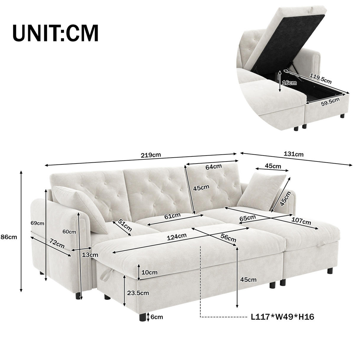 ECKSOFA 219/131/86 cm aus Samt mit Stauraum und variabler Chaiselongue Beige - Beige, Textil (131/219cm) - Modenvie