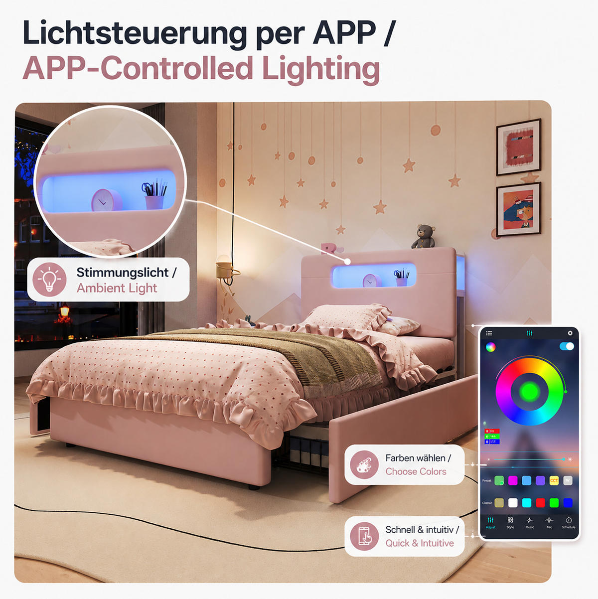 KINDER-POLSTERBETT aus Samt 90x200 cm Rosa mit 4 Schubladen und App-gesteuerter LED-Beleuchtung - Pink, Textil (90/200cm) - Modfu