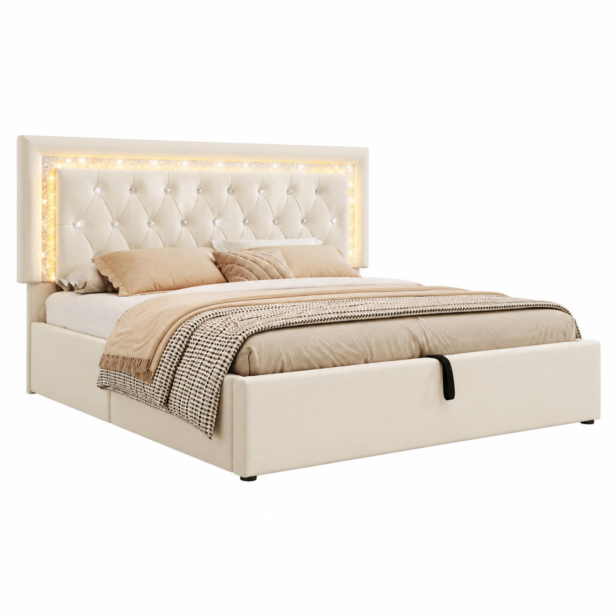 BETT mit LED und Stauraum 140x200 cm Samt Beige inkl. Matratze - Beige, Metall (140/200cm) - Meubliv