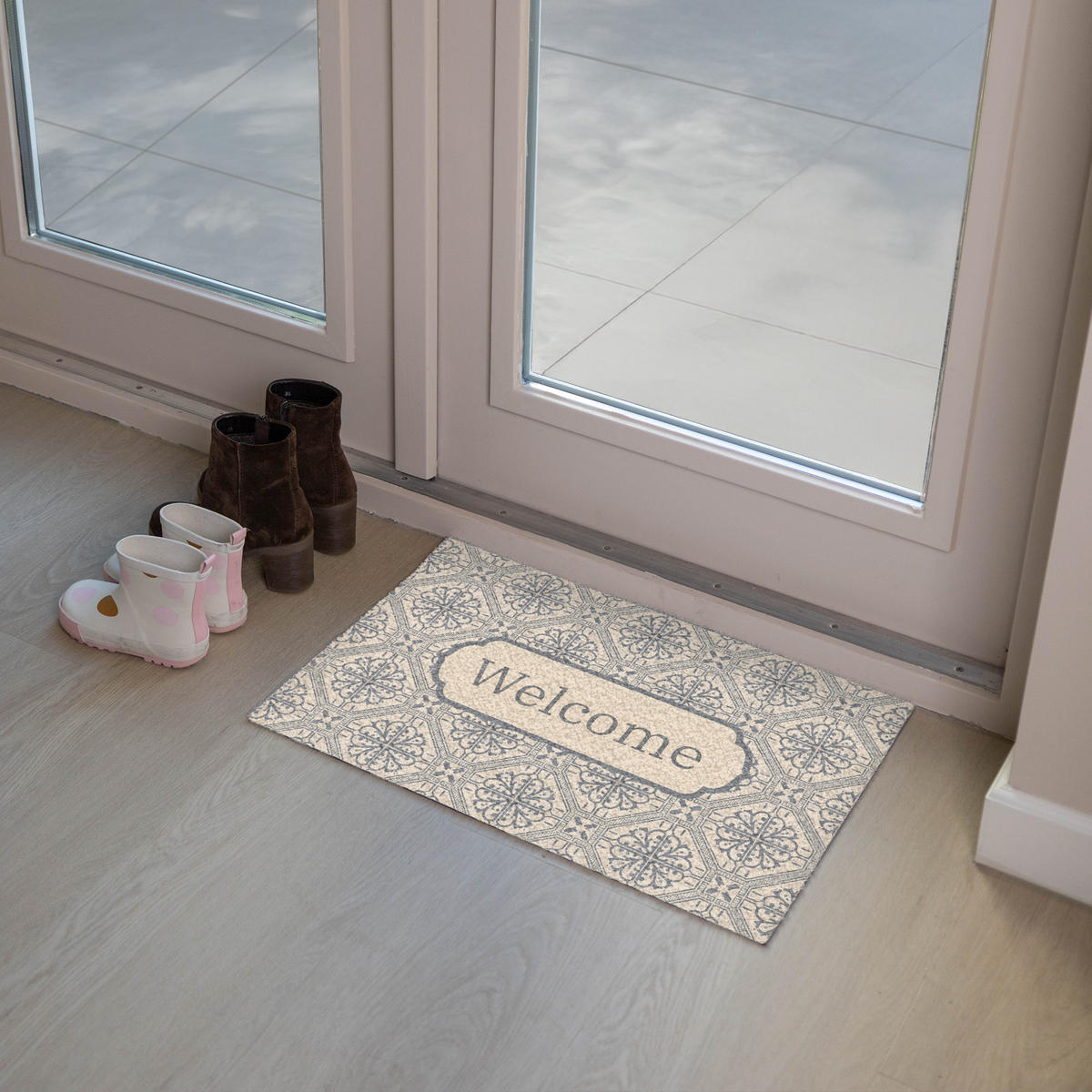 FUSSMATTE Willkommen - Klassisch - Grau 60x40 cm - Beige, Kunststoff (60/0.4cm) - MuchoWow