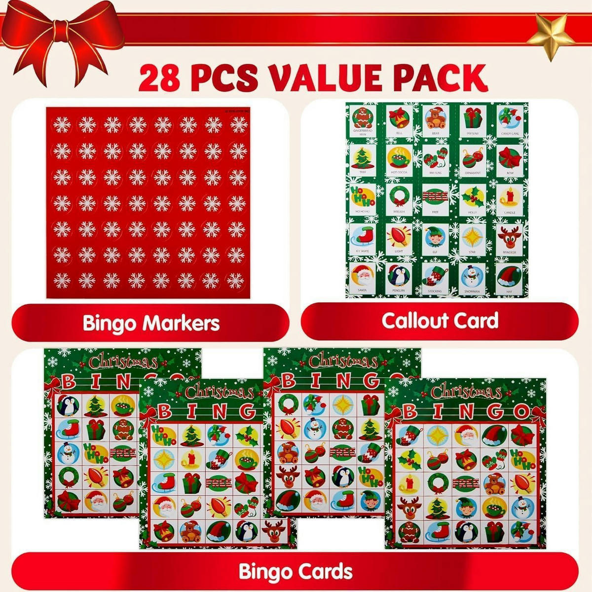 BINGO Kartenset Weihnachten 28 Spieler - Multicolor, Karton (16.3/17.7cm)