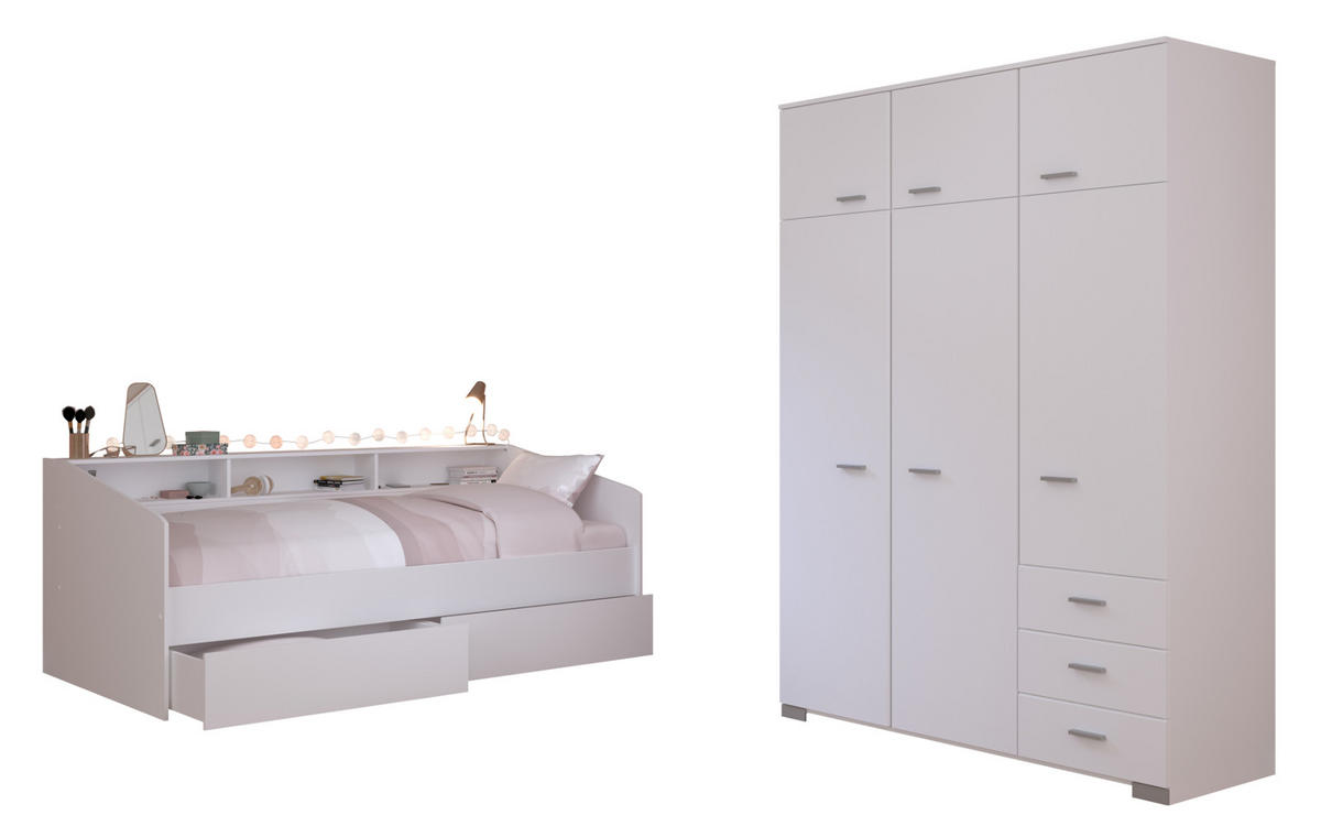KINDERZIMMER Set 2-tlg. mit Kleiderschrank und Stauraumbett 90x200 - Silberfarben/Weiß, Holz/Holzwerkstoff (206/203/113cm) - Parisot Meuble
