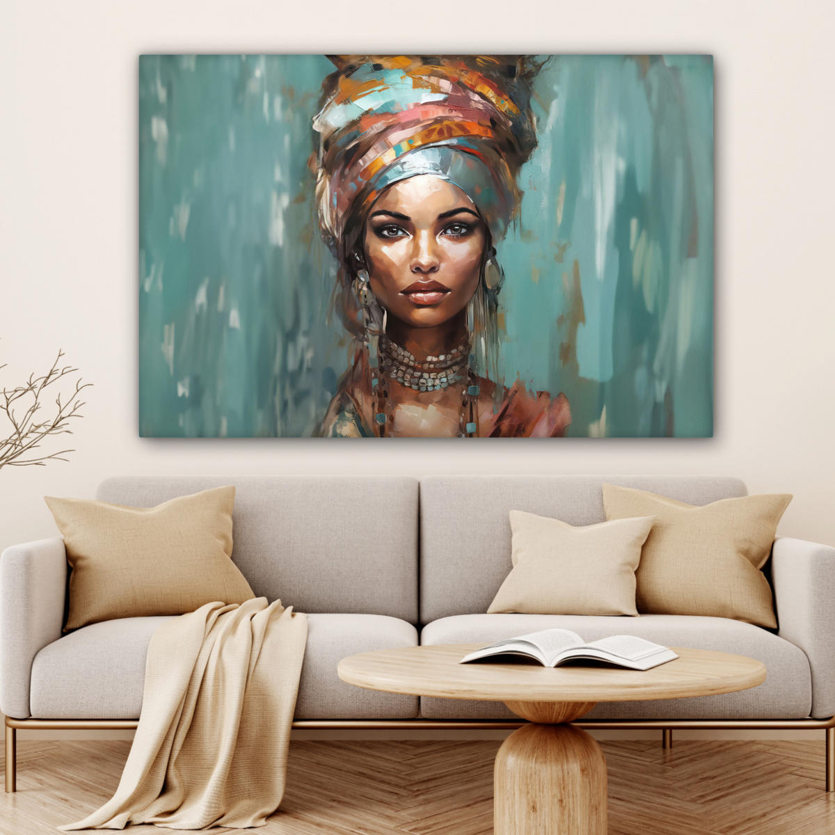 LEINWANDBILD Frau - Kunst - Schmuck - Porträt Groß 140x90 cm - Blaugrau, Textil (140/90cm) - MuchoWow