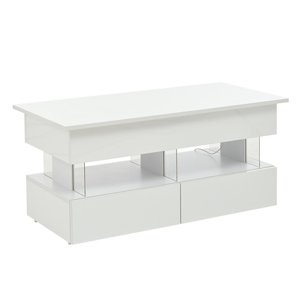 COUCHTISCH höhenverstellbar 100 x 50 x 46 cm Weiß mit 2 Schubladen und LED - Weiß, Wellpappe (100/50/46cm) - Meubliv