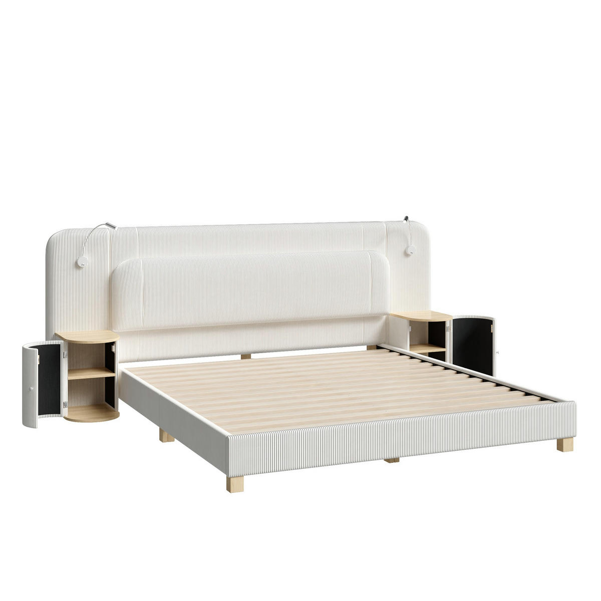 POLSTERBETT 180/200 cm mit Nachttischen und LED, DE-41849, in Beige - Beige, Holzwerkstoff (180/200cm) - ComfortXL