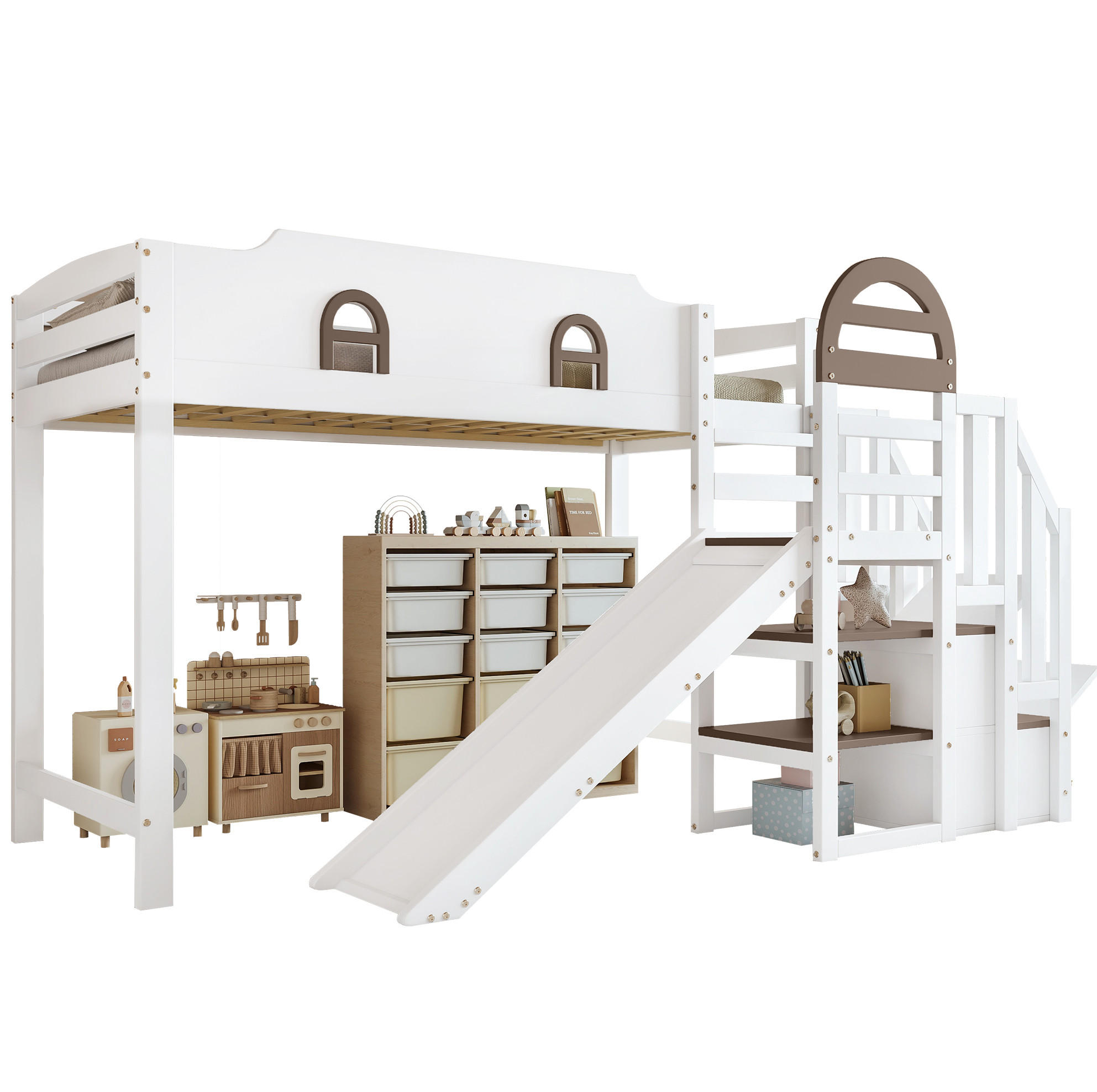 ETAGENBETT 90/200 cm mit Rutsche und Stauraumtreppe, Weiß - Weiß, Holzwerkstoff (90/200cm) - Flora Grace